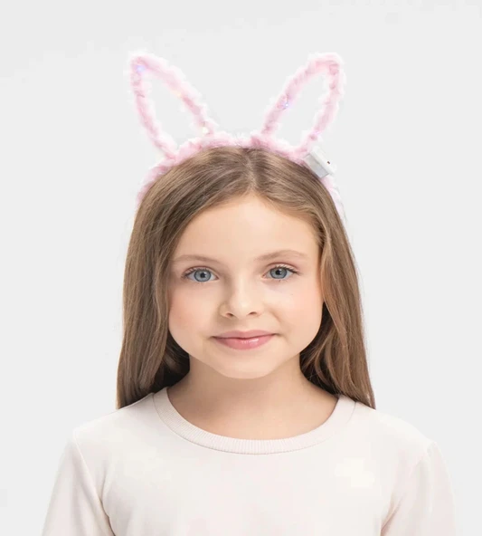 Led Işıklı Peluş Pofuduk Tavşan Kulak Tavşan Taç Pembe 17x23 Cm ürün görseli 1