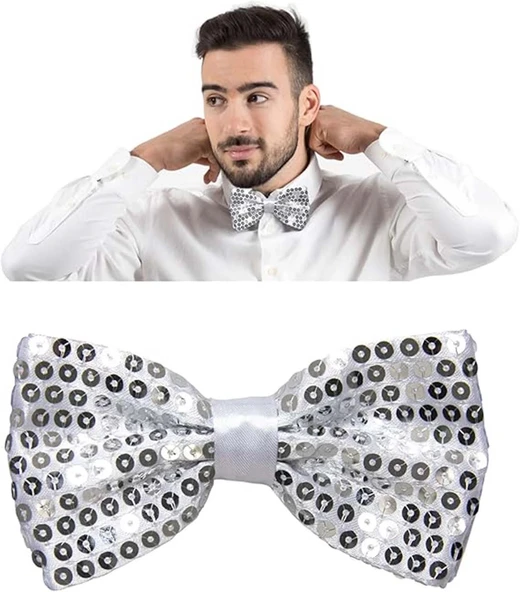 Gece Işıltısı Gümüş Payetli Pullu Papyon 7x2 Cm - Resim 2