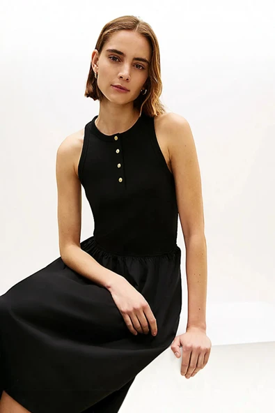 Tommy Hilfiger   GOLD BUTTON POPLIN MIX DRESS Kadın Siyah Elbise - WW0WW49628 ürün görseli 1