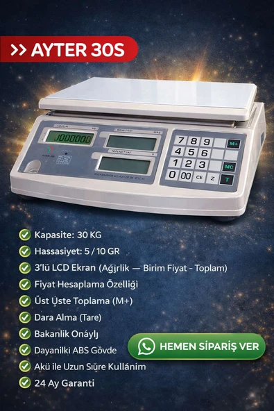 30 KG BAKANLIK ONAYLI-2026 MÜHÜRLÜ TERAZİ-FİYAT HESAPLI TARTI-2 YIL GARANTİLİ ürün görseli 1