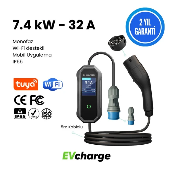Evcharge Elektrikli Araç Taşınabilir Şarj Istasyonu 7,4 Kw 32a Tip-2 3x32a 5 Mt Tip2(MOBİL UYGULAMA) ürün görseli 1