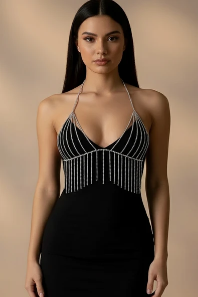 Caş Dekorasyon Gümüş Renk Taşlı Bikini Üstü Bralet Vücut Aksesuarı ürün görseli 1