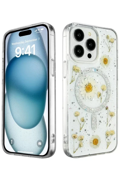 Newface Apple iPhone 14 Pro Kılıf Daisy Simli Magsafe Kapak - Gümüş ürün görseli 1