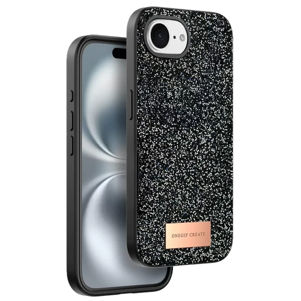 Onegif Apple iPhone 16E Bright Simli Kapak - Siyah - Resim 2