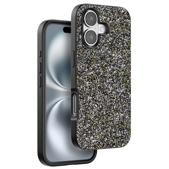 Onegif Apple iPhone 16 Plus Bright Simli Kapak - Gümüş - Resim 3