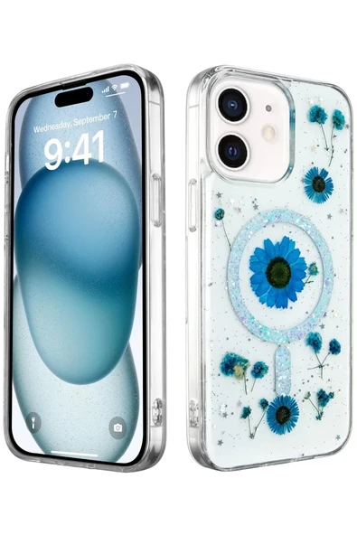 Newface Apple iPhone 12 Kılıf Daisy Simli Magsafe Kapak - Mavi ürün görseli 1