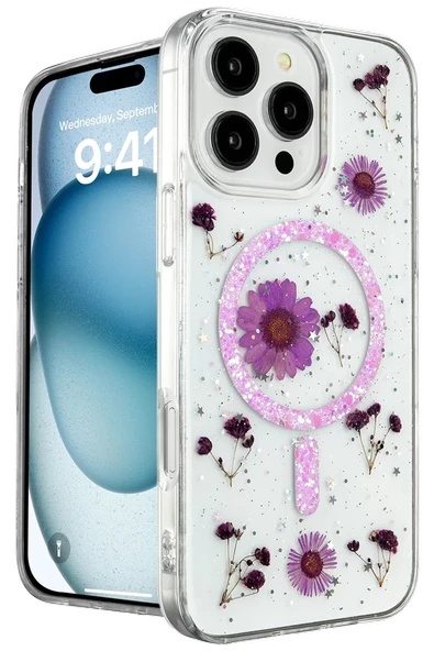 Newface Apple iPhone 16 Pro Kılıf Daisy Simli Magsafe Kapak - Mor ürün görseli 1