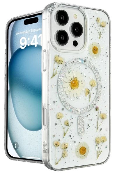 Newface Apple iPhone 16 Pro Kılıf Daisy Simli Magsafe Kapak - Gümüş ürün görseli 1