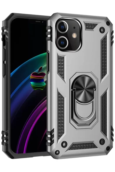 Newface Apple iPhone 12 Kılıf Sofya Yüzüklü Silikon Kapak - Gümüş ürün görseli 1