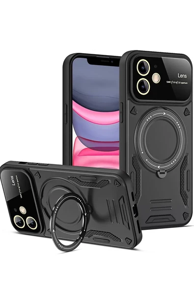 Newface Apple iPhone 11 Kılıf Joy Lens Standlı Kapak - Siyah ürün görseli 1