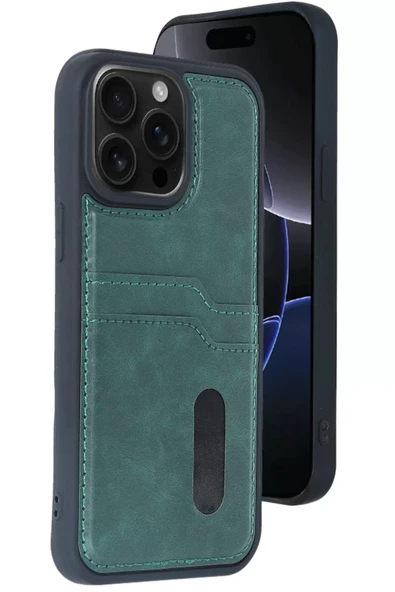 Newface Apple iPhone 14 Pro Max Kılıf Sara Kartvizitli Deri Kılıf - Koyu Yeşil ürün görseli 1