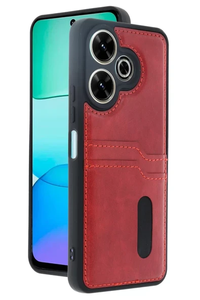 Newface Xiaomi Redmi 13 4G Kılıf Sara Kartvizitli Deri Kılıf - Kırmızı ürün görseli 1