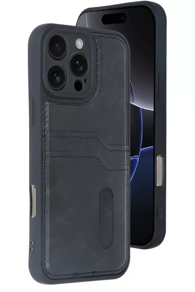 Newface Apple iPhone 16 Pro Kılıf Sara Kartvizitli Deri Kılıf - Siyah ürün görseli 1