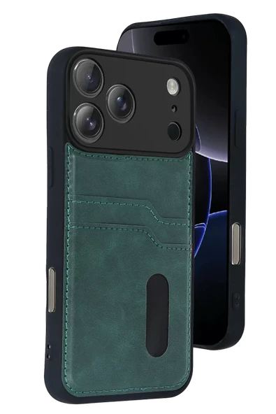 Newface Apple iPhone 17 Pro Sara Kartvizitli Deri Kılıf - Yeşil ürün görseli 1