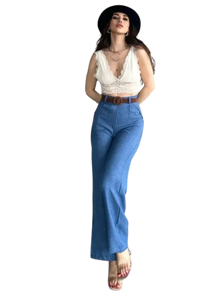 Kemerli Keten Pantolon -MAVİ - Resim 2