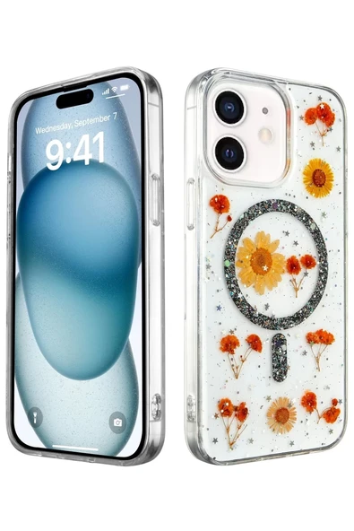 Newface Apple iPhone 12 Kılıf Daisy Simli Magsafe Kapak - Siyah ürün görseli 1