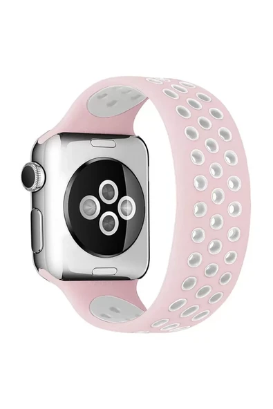 Newface Apple Watch 42mm Ayarlı Delikli Silikon Kordon - Pembe-Beyaz ürün görseli 1