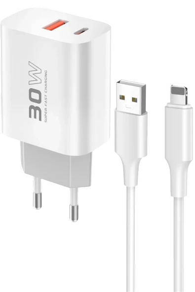 Konfulon C89Q 1 Adet 30W Type-C ve 1 Adet 22.5W USB Çıkışlı Ekstra DL48 1M USB to Lightning Kablolu PD Şarj Cihazı - Beyaz ürün görseli 1