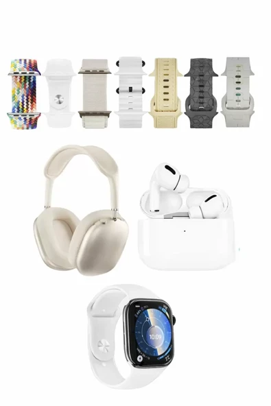 Karler Bass K32 Kombo 7 Adet Kordon Akıllı Saat Airpods Kulaklık Kafa Üstü Kablosuz Kulaklık Set - Beyaz ürün görseli 1