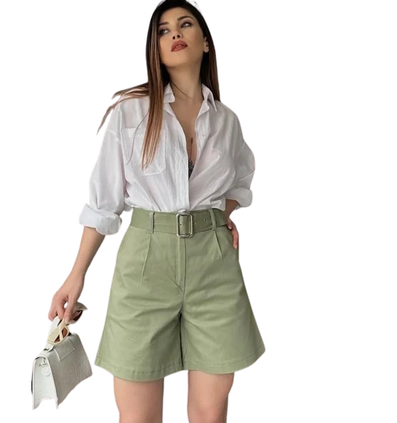 Rahat Kesim Kemerli Mom Şort - HAKİ - Resim 2