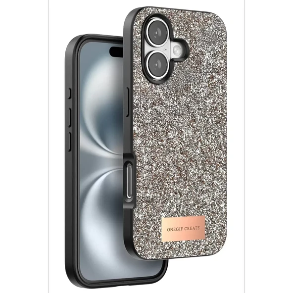 Onegif Apple iPhone 16 Plus Bright Simli Kapak - Gold - Resim 2