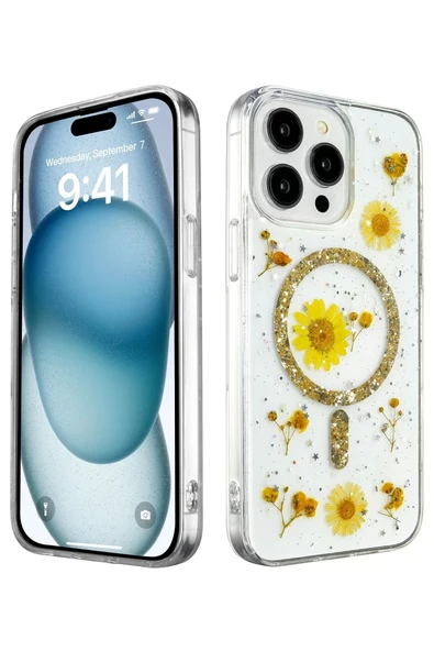 Newface Apple iPhone 15 Pro Kılıf Daisy Simli Magsafe Kapak - Gold ürün görseli 1