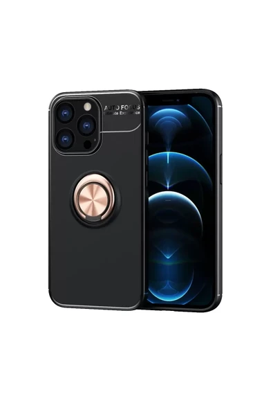 Newface Apple iPhone 13 Pro Kılıf Range Yüzüklü Silikon - Siyah-Gold ürün görseli 1