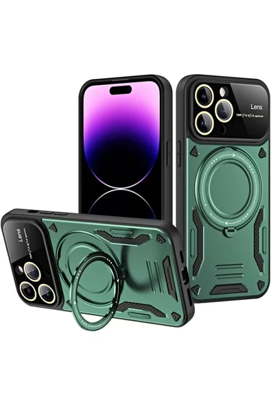 Newface Apple iPhone 16 Pro Kılıf Joy Lens Standlı Kapak - Koyu Yeşil ürün görseli 1