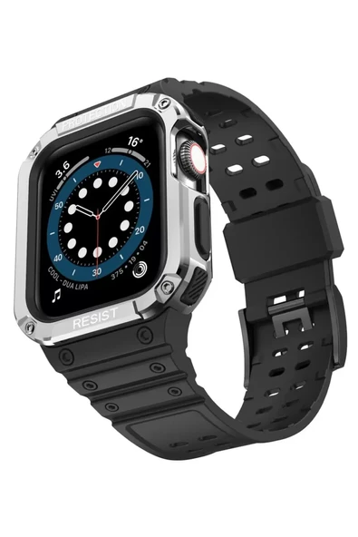 Newface Apple Watch 42mm KR401 Silikon Kordon - Siyah-Gümüş ürün görseli 1