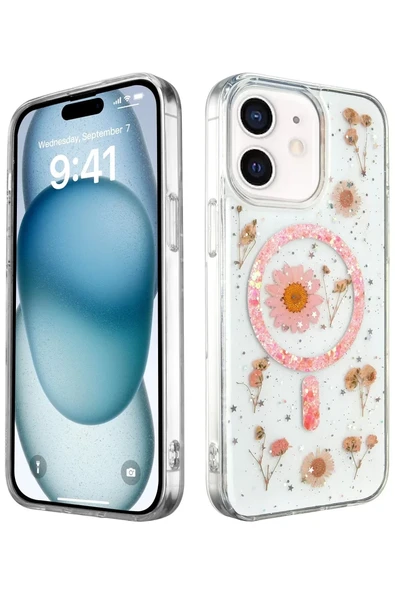 Newface Apple iPhone 12 Kılıf Daisy Simli Magsafe Kapak - Pembe ürün görseli 1