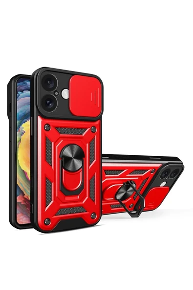 Newface Apple iPhone 16 Kılıf Pars Lens Yüzüklü Silikon - Kırmızı ürün görseli 1