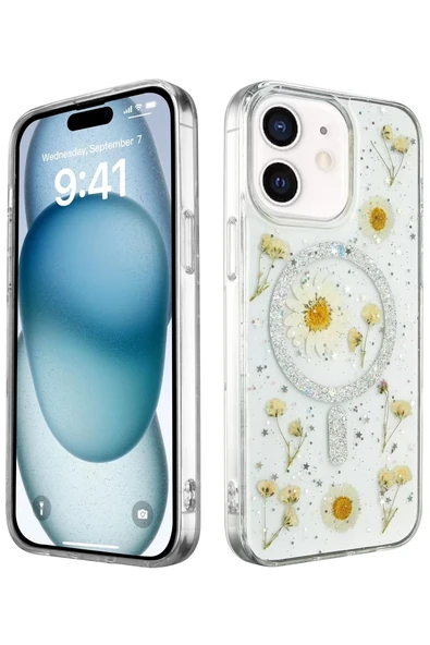 Newface Apple iPhone 12 Kılıf Daisy Simli Magsafe Kapak - Gümüş ürün görseli 1