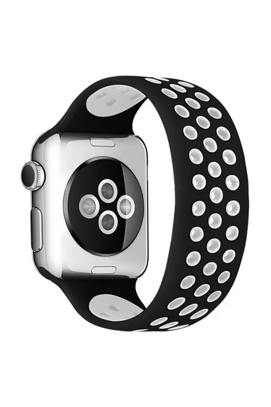 Newface Apple Watch 38mm Ayarlı Delikli Silikon Kordon - Siyah-Beyaz ürün görseli 1