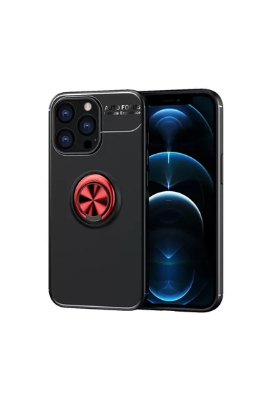 Newface Apple iPhone 13 Pro Max Kılıf Range Yüzüklü Silikon - Siyah-Kırmızı ürün görseli 1