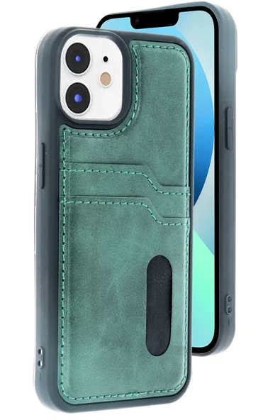 Newface Apple iPhone 11 Kılıf Sara Kartvizitli Deri Kılıf - Koyu Yeşil ürün görseli 1
