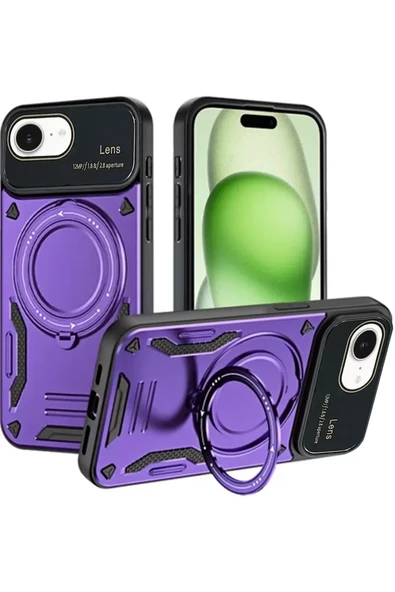 Newface Apple iPhone 16E Kılıf Joy Lens Standlı Kapak - Mor ürün görseli 1