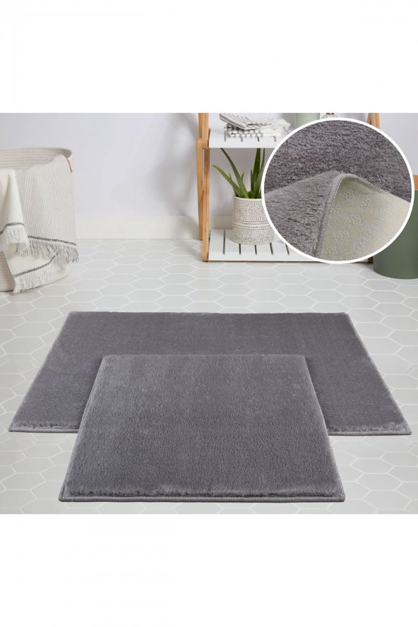 My Evilla Modern Dekoratif Halı Jel Kaymaz Taban  Peluş Açık Gri Paspas Takımı 50x80 ürün görseli 1