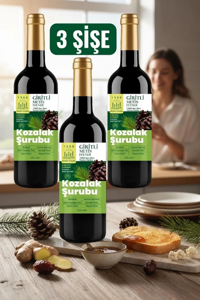3 x 250 ml Kozak Bergama Vakfı Giritli Metin Efendi Kozalak Şurubu 3 adet 250 ml Cam Şişe ürün görseli 1