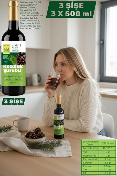 3 x 500 ml Kozak Bergama Vakfı Kozalak Şurubu Giritli Metin Efendi ürün görseli 1
