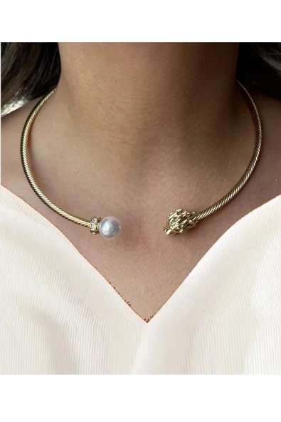 Caş Dekorasyon Altın Renk Aslan Figürlü İncili Metal Choker Kolye ürün görseli 1