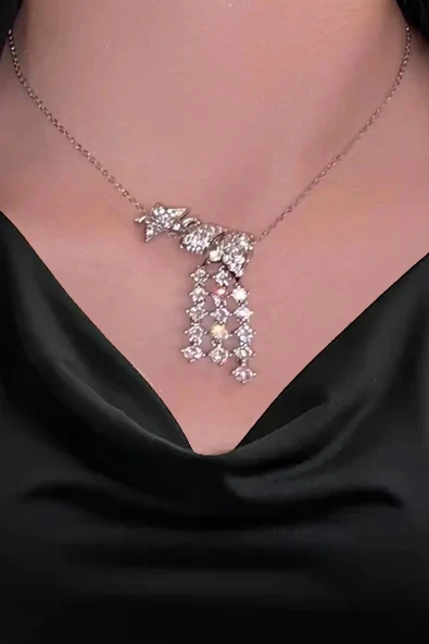 Caş Dekorasyon Gümüş Renk Yıldızlı Taşlı 14K Altın Kaplama Kolye ürün görseli 1