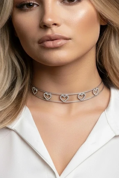 Caş Dekorasyon Gümüş Renk Kalpli Taşlı Choker Kolye ürün görseli 1