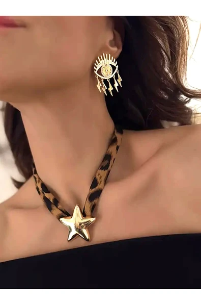 Caş Dekorasyon Altın Renk Leopar Desen Yıldız Kolye ürün görseli 1