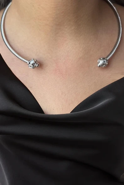 Caş Dekorasyon Gümüş Renk Metal Choker Kolye ürün görseli 1