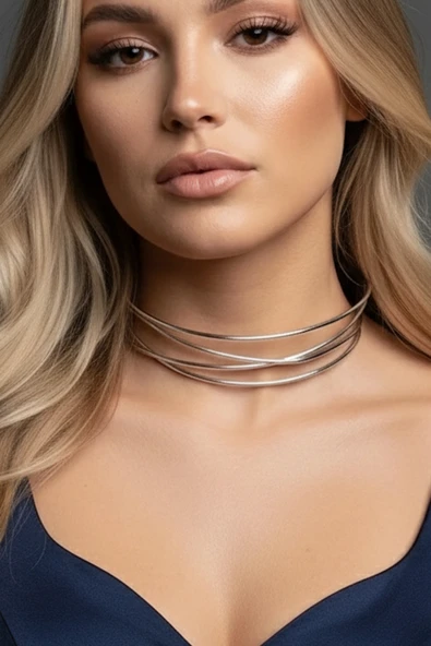 Caş Dekorasyon Gümüş Renk Metal Choker Kolye ürün görseli 1