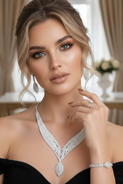 Caş Dekorasyon Gümüş Renk Taşlı 4'lü Abiye Set ürün görseli 1