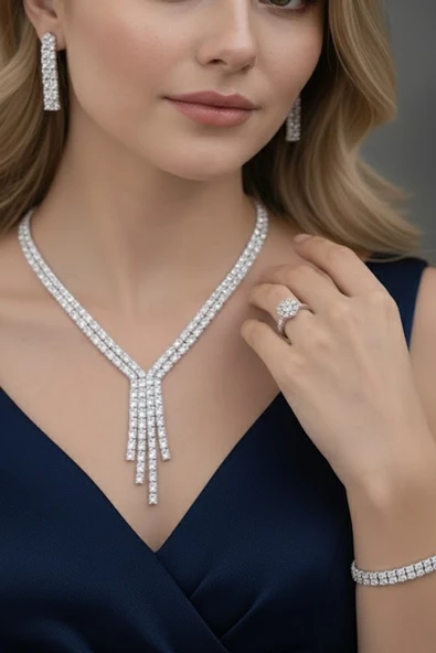 Caş Dekorasyon Gümüş Renk Taşlı 4'lü Abiye Set ürün görseli 1