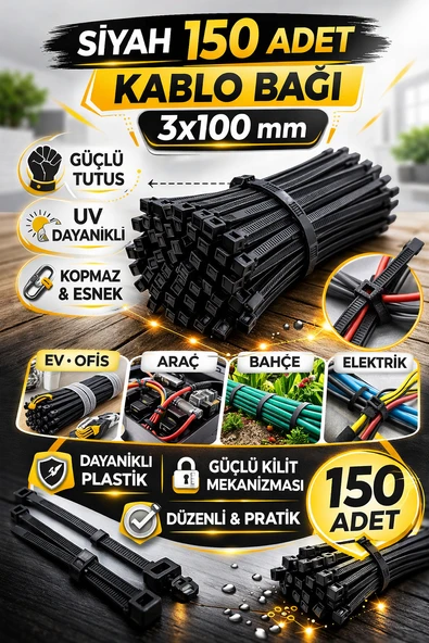 Siyah 150 Adet Kablo Bağı 3x100 mm  Güçlü Tutuş Cırt Kelepçe Plastik Kelepçe ürün görseli 1