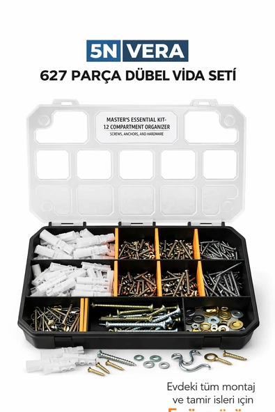 627 Parça Vida Dübel Seti Organizer Kutu Montaj ve Tamir Seti Çivi Pul Kanca ürün görseli 1