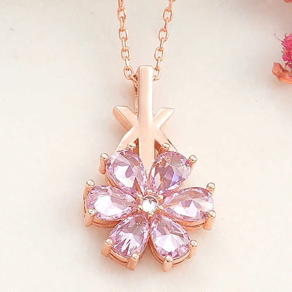 925 Ayar Gümüş Rose Pembe Sevgi Çiçeği Kadın Kolye ürün görseli 1